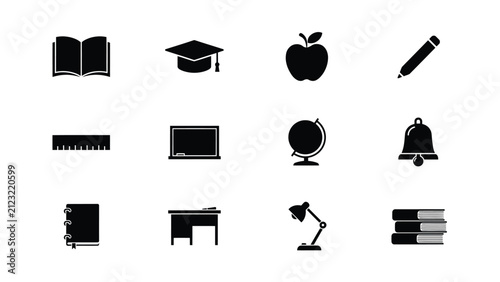 Minimalist black icons set with monochromatic collection twelve minimalist icons representing core academic educational elements against neutral background