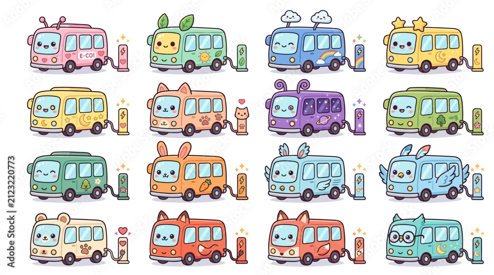 Naklejka premium Cute Kawaii Buses Collection Isolated Transparent Background