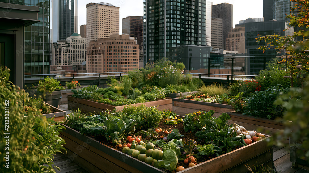 Fototapeta premium Green Rooftop Garden Flourishing Above Downtown Seattle High-Rise with Urban Skyline in Background