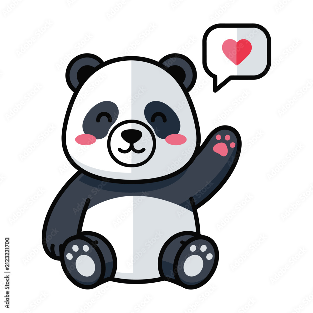 Obraz premium Cute Panda Bear Sitting and Waving Hand with a Red Heart Symbol in Speech Bubble