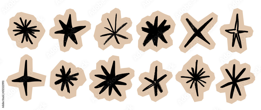 Obraz premium Craft scrapbook stars collection. Hand drawn collage spark element set. Crayon doodle sparkle cut out paper sticker pack. Sketched shapes for DIY badge, zine, poster. Vector illustrations