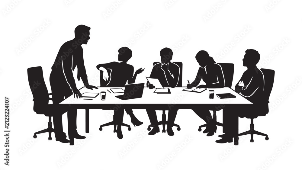 Fototapeta premium Business team silhouette meeting around a conference table in an office workspace setting