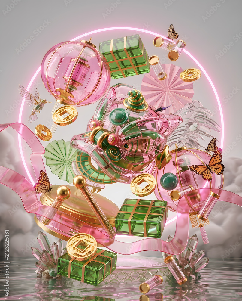 Fototapeta premium 3D Glass Chinese Lion Dance Mask with Floating Pink Lanterns