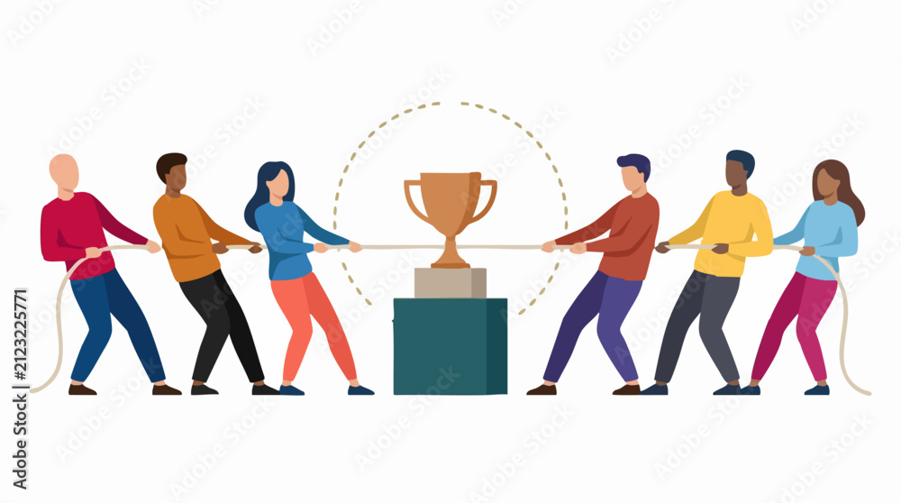 Obraz premium Tug of War Competition for Trophy: Business Teamwork and Rivalry Concept