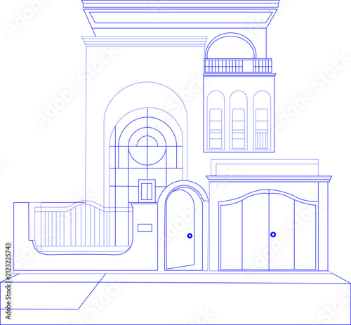 Blue outline drawing of a modern two-story house with garage and balcony home building