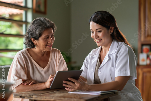 Community health worker helping rural patient join tablet telepharmacy consultation in village clinic showcasing medication access and healthcare equity