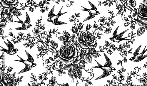 Vintage Toile de Jouy Blue Roses and Swallows Seamless Pattern Vector EPS10