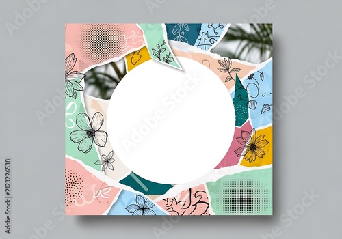 Whimsical torn paper collage: Hand-drawn blossoms and soft patterns framing a vibrant space.