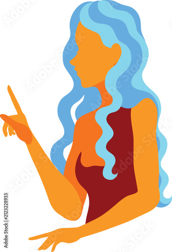 Modern Long Curly Haired Woman Pointing Gesture Colorful Flat Vector Illustration