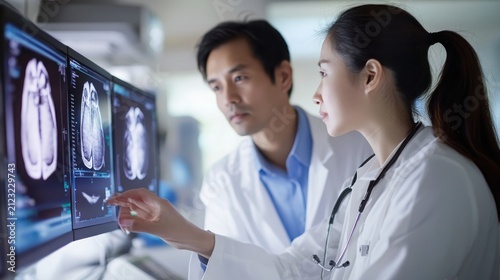 Radiologists examine detailed brain scan images on computer monitors in a clinical hospital setting.