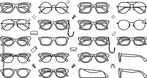 Stylish Eyeglasses and Sunglasses Line Art Vector Set featuring Aviator, Cat-Eye, Round Frames, Eyeglass Cases, Chains, and Accessories