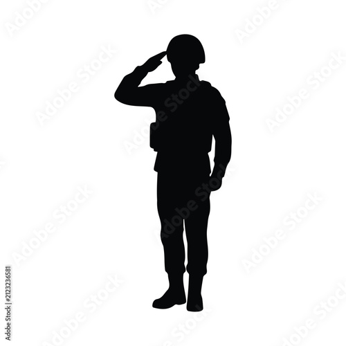 Soldier standing at attention and performing military salute black silhouette vector art.