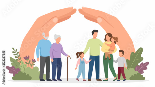 Multi-generational family protected by hands, symbolizing care and security