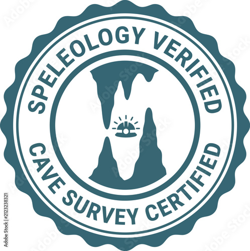 Foto Speleology verified cave survey certified seal emblem representing cave formation and explorer helmet