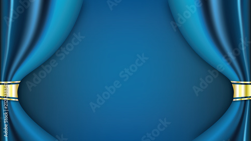 Cuadro en lienzo Blue stage curtains with golden tiebacks, opening to an illuminated background,