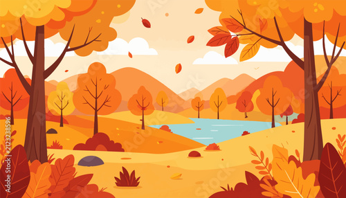 Vibrant autumn forest landscape with lake and falling leaves illustration