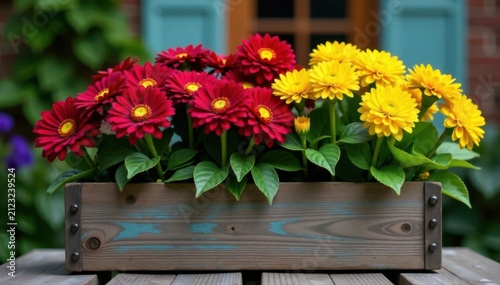 Deep burgundy and sunny yellow chrysanthemums in a weathered wooden planter box , deep, macro, home decor