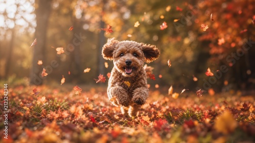 Happy doodle dog running through autumn leaves in sunny forest park