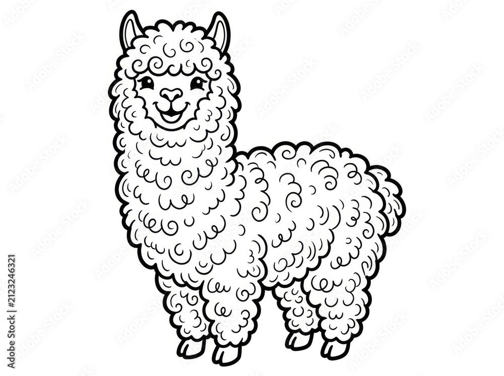 Fototapeta premium A cute, cartoon llama stands proudly. The llama has long, fluffy white fur and a smiling face with large, floppy ears.
