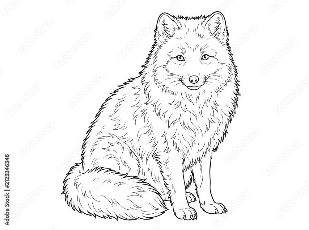 Fototapeta premium A fox sits upright, facing forward. The fox has a fluffy coat and a gentle expression.