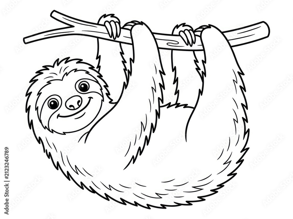 Fototapeta premium A cute, cartoon sloth hangs from a branch. The sloth has long claws and a smiling face.