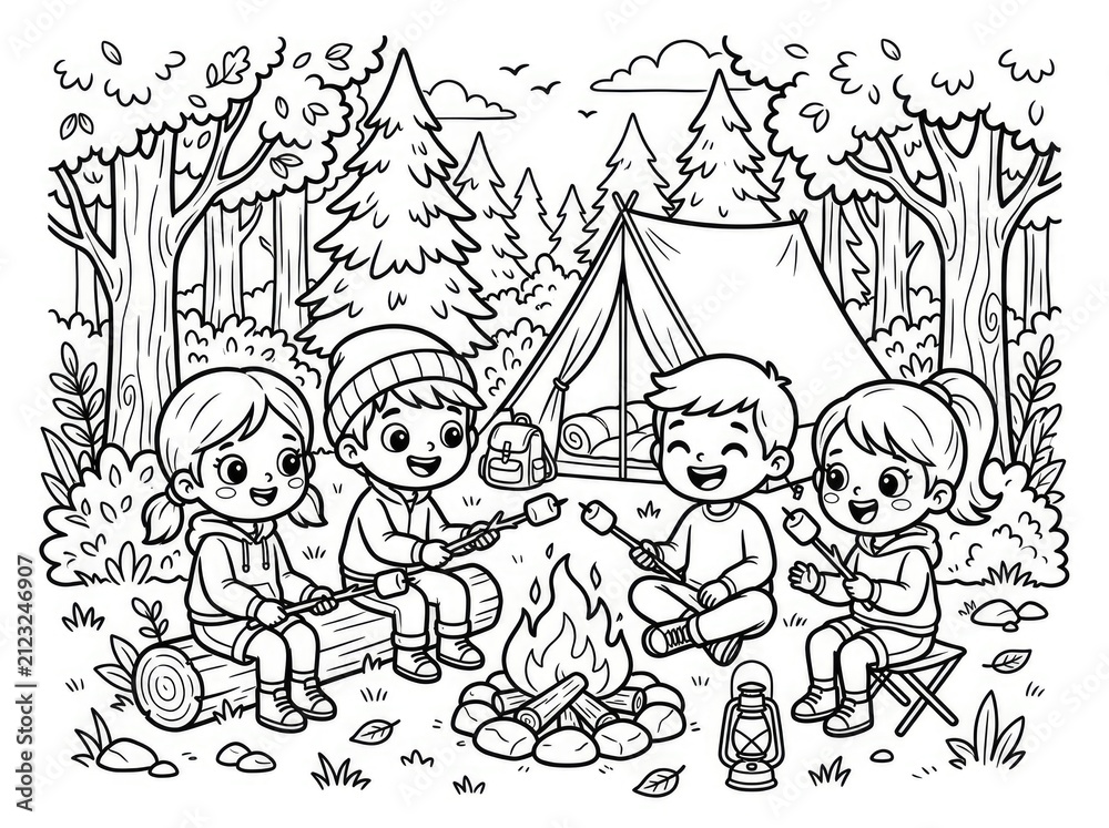 Naklejka premium Four young boys are sitting around a campfire in a forest. They are roasting marshmallows on sticks and smiling.