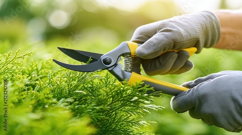 Close up of gloved hands trimming conifer bush with gardening shears