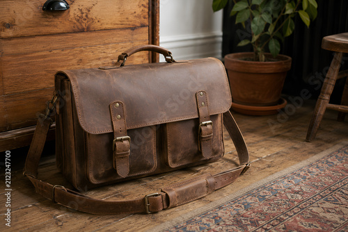 Vintage Brown Leather satchel on floor