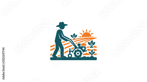Bild auf Leinwand Man pushing lawn mower outdoors slowly.