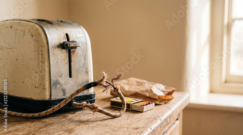 Vintage toaster with frayed cord on wooden table beside matches  