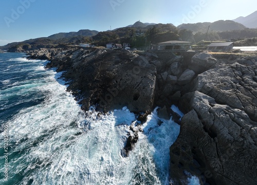 Принти на полотні Aerial View of the Sado Potholes and Coastal Rock Formations in Kagawa, Japan