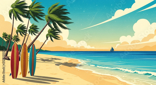 Surfboards on a tropical beach. Summer vacation scene with palm trees and ocean waves.