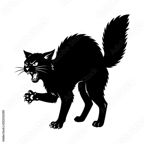 Vintage black cat silhouette with arched back, aggressive hissing alley cat vector, spooky halloween feline mascot with sharp claws and fur isolated on Transparent Background for Halloween