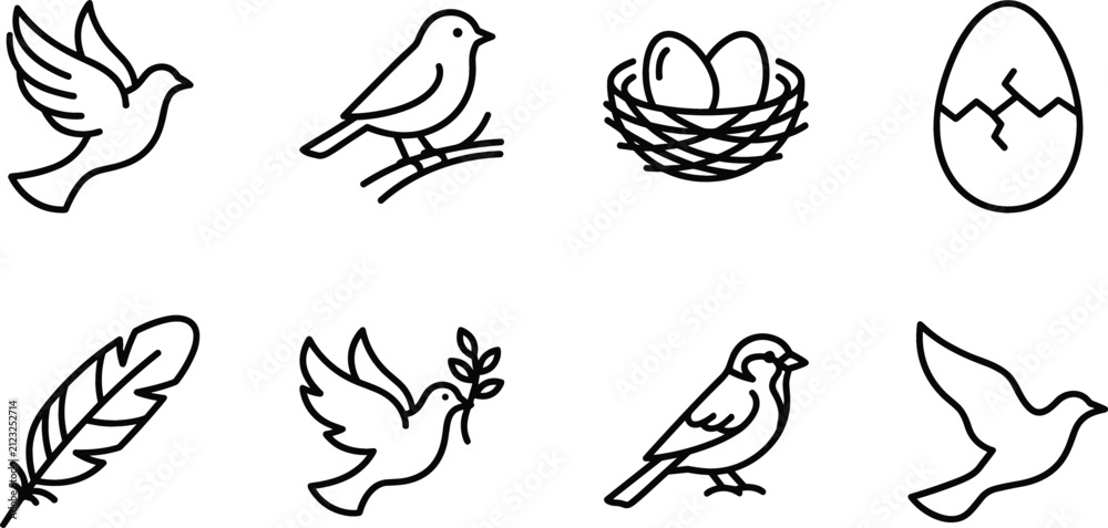 Obraz premium Bird and Nature Icon Set Featuring Minimalist Black Line Vector Symbols for Flying Dove Perching Sparrow Nest Eggs Cracked Egg and Feather Graphics