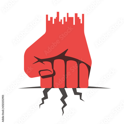 Принти на полотні Flat vector illustration of a powerful fist punch hitting the ground with cracks