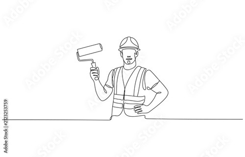 Continuous line drawing of young handyman wearing building construction uniform while holding paint roller.
