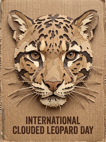 International Clouded Leopard Day vector poster, craft cardboard style wild cat head portrait illustration