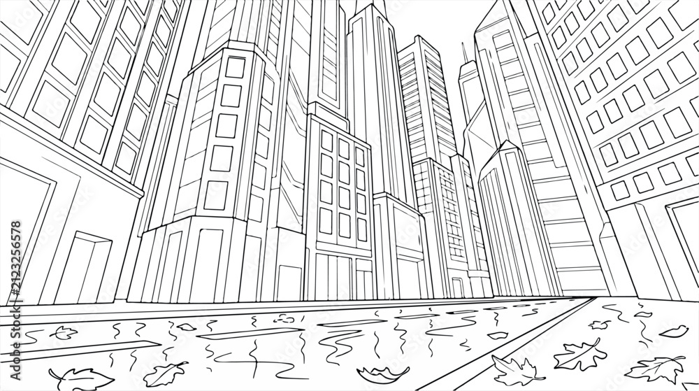 Fototapeta premium Black and White Vector Illustration of a Futuristic City Skyline with Tall Buildings and Wet Street Reflecting Autumn Leaves, Low Angle Perspective
