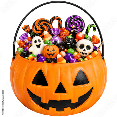 Halloween pumpkin candy bucket filled with assorted sweets, lollipops, and spooky treats isolated on transparent background.