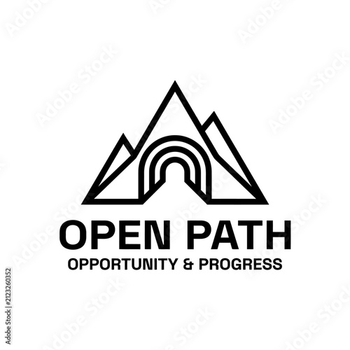 Line art depicting peaks and a gateway representing opportunity and travel.