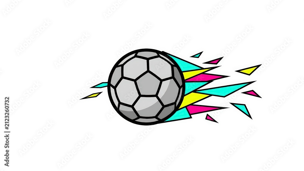 Fototapeta premium Dynamic soccer ball in fast motion with colorful geometric shards flying behind graphic illustration for sports design concept