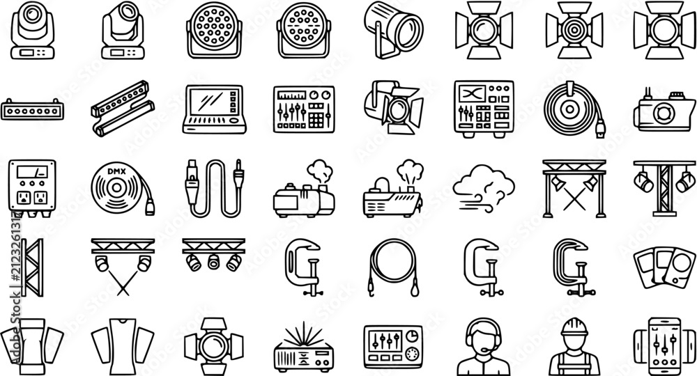 Fototapeta premium Live Event Production Line Art Icons Set: Stage Technology Equipment, Lighting, Audio, DMX Controllers, Truss, Fog Machines Crew Outline Vector