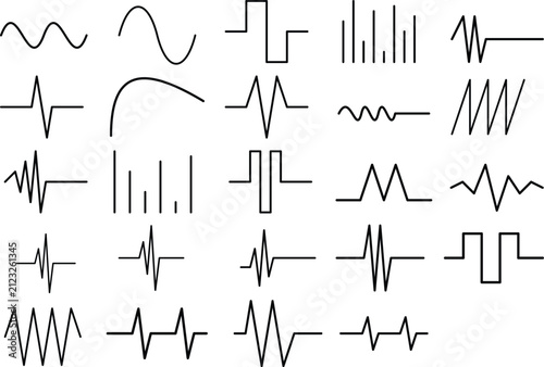Minimal Sound Wave Line Vector Set – Clean Audio Pulse, Frequency Signal, Music Waveform & Vibration Elements Isolated on White Background