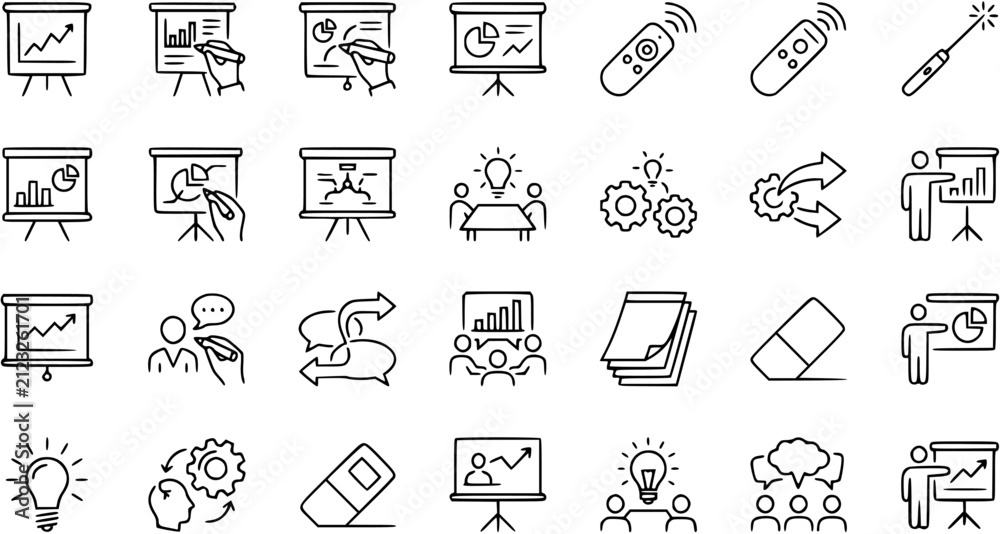 Fototapeta premium Business Presentation, Meeting Education Icons Set. Black and White Outline Stroke Line Art Symbols for Strategy, Communication, and Learning.