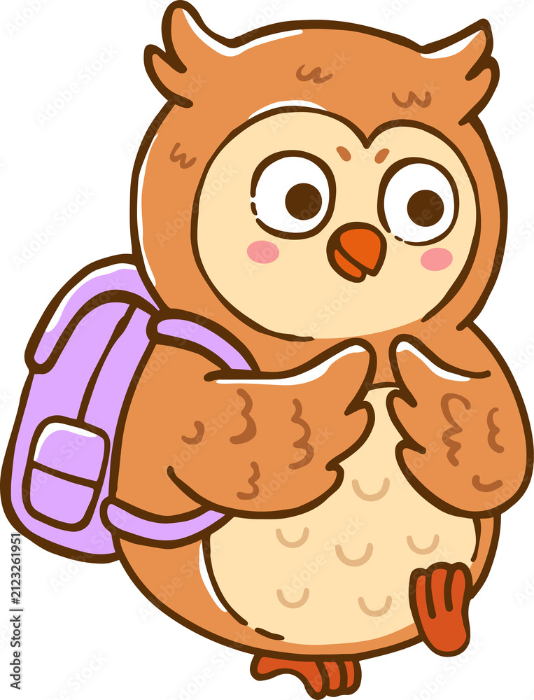 Obraz premium Cute Owl With Backpack Education Cartoon Hand Drawn Illustration