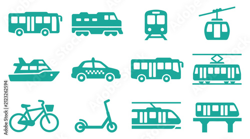 Set of teal public transportation icons featuring bus, train, ferry, taxi, tram, bicycle, scooter, and cable car symbols for navigation and travel map applications.