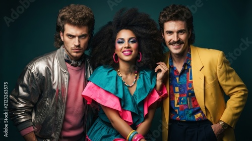 Retro 80's style portrait featuring a man and woman group.