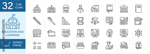 Education & Learning line icon set. Contains icon symbol : school, university, teacher, students, classroom, library, books, pencil, ballpoint, backpack, graduation, diploma, examinations, homework,