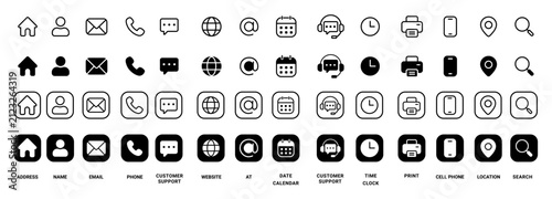 Contact information icon set. Collection of home, user, phone, email, globe, calendar, customer support, clock, location and search symbols. Communication, mobile, message and vector illustration.