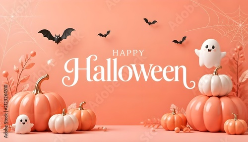Happy Halloween Aesthetic Minimalist Banner Concept with Soft Peach Orange Background Pastel Carved Pumpkins Friendly White Ghosts and Bats for Autumn Party
